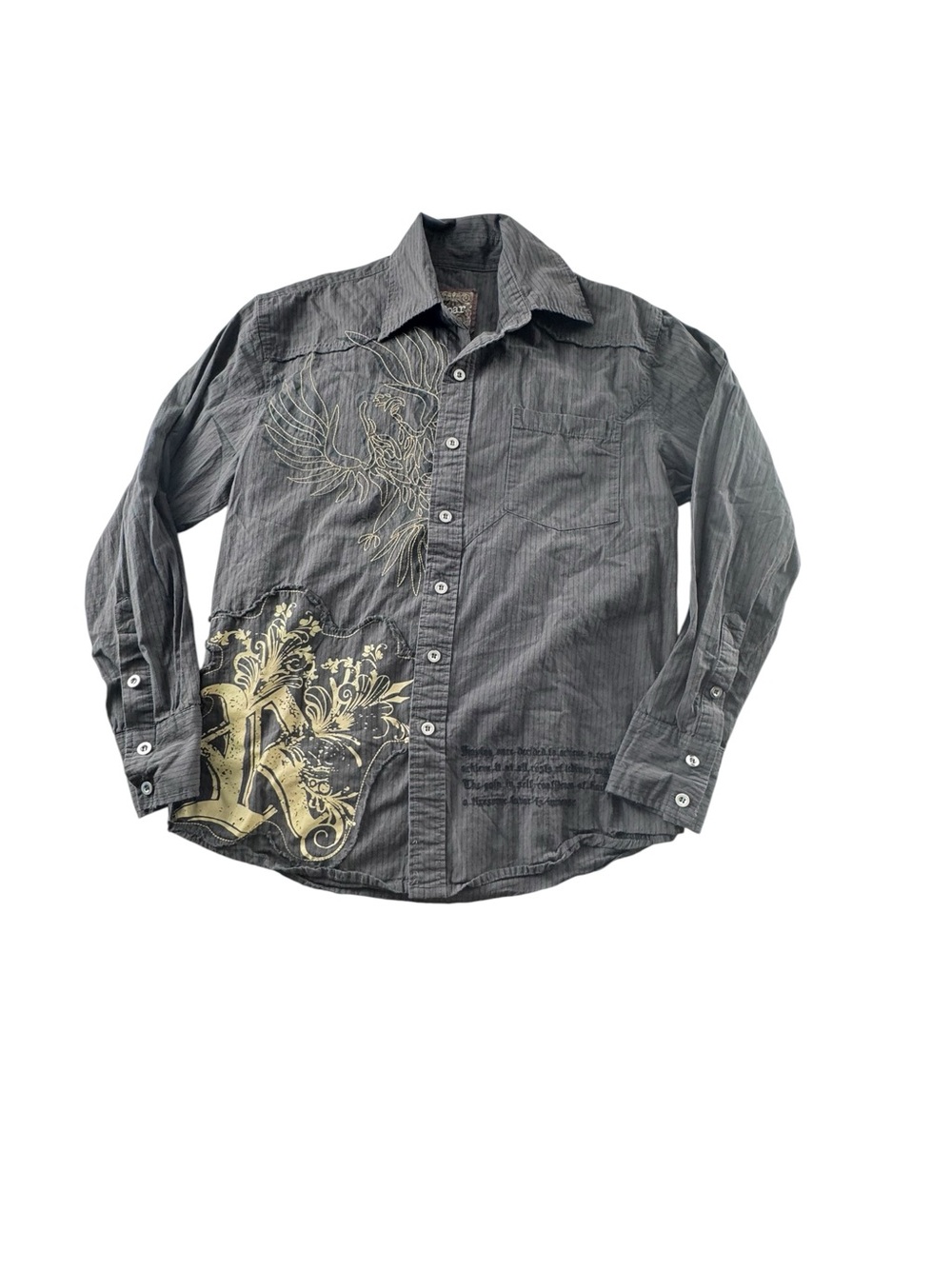 Roar Gray Button-Down Shirt with Gold Graphic Accents